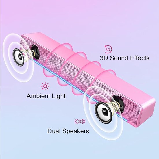Soundbar PC - Mini speaker - Film en muziek - 3D stereo geluid - 32 cm - Roze — afbeelding 2