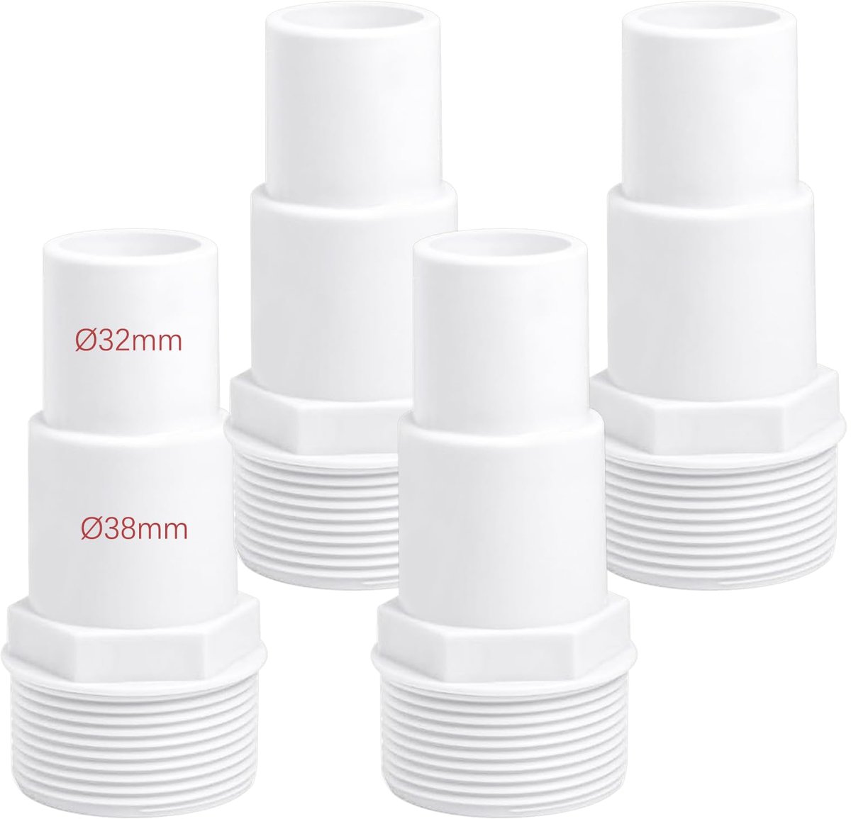 Slangverbinders voor zwembaden, 4 stuks, diameter 32/38 mm, voor slangaansluitingen van 3,8 mm, wit