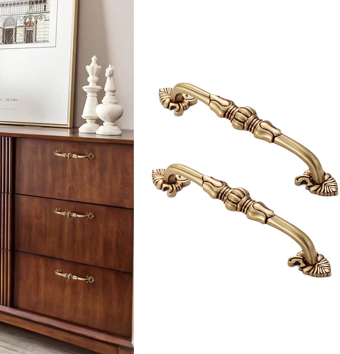 2-pack 9,5 cm Messing Kasttrekken Antiek Bloemenpatroon Kastgreep Ladetrekken Massief Messing Keukenhardware Mat Gouden Handgrepen voor Kast Lade Kledingkast (128mm Gatcentrum, Goud)