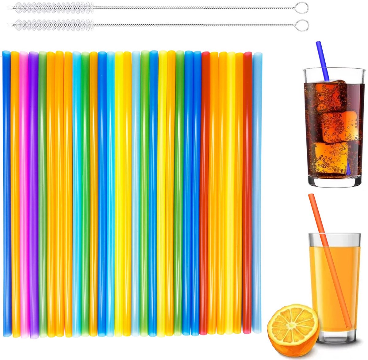 50 stuks drinkrietjes met 2 reinigingsborstels, herbruikbaar rietje, kleurrijk rietje, cocktailrietjes voor familiebars, cafés, restaurants, barbecuefeestjes en vieringen