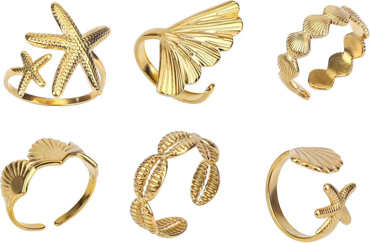 Ringen met Zeesterren Schelpen, Strandsieraden van Roestvrij Staal voor Dames met Schelpengolfontwerp Verstelbare Stapelbare Accessoires voor Dagelijks Gebruik in de Zomer