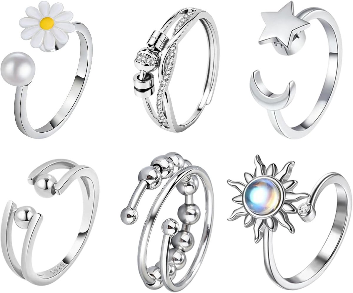 6 stuks angstring, zilveren ring, Anxiety Flow, verstelbare opening met kralen, hypoallergeen, geschikt voor mannen en vrouwen