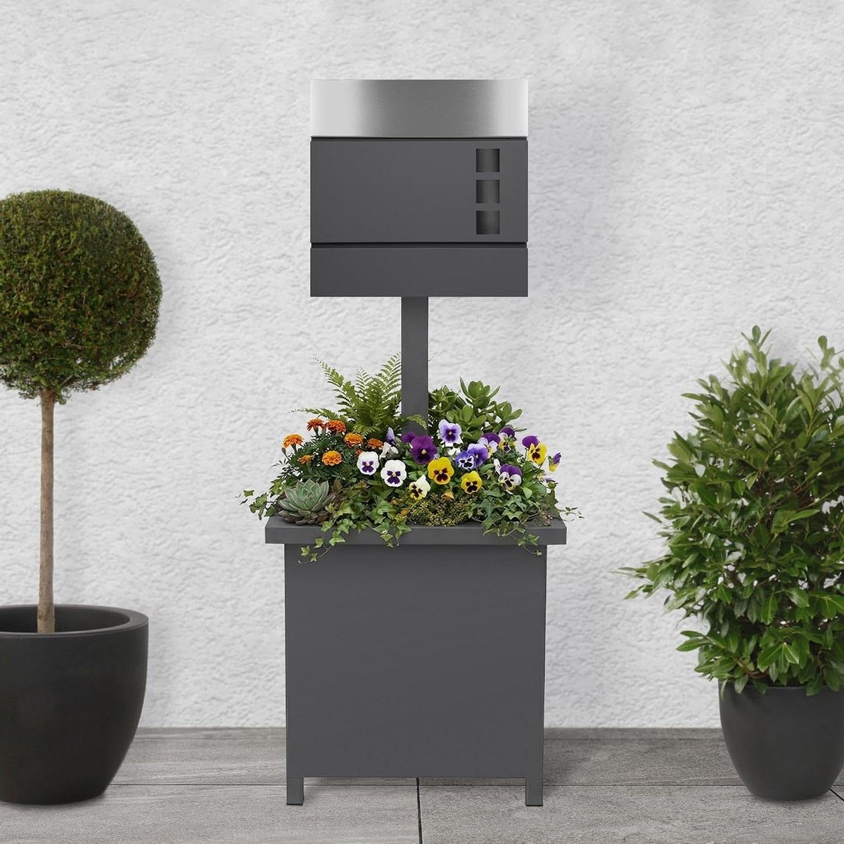 Staande brievenbus - Brievenbus met standaard - Post ontvangen - Met plantenbak - 120 cm hoog - Antraciet zilver