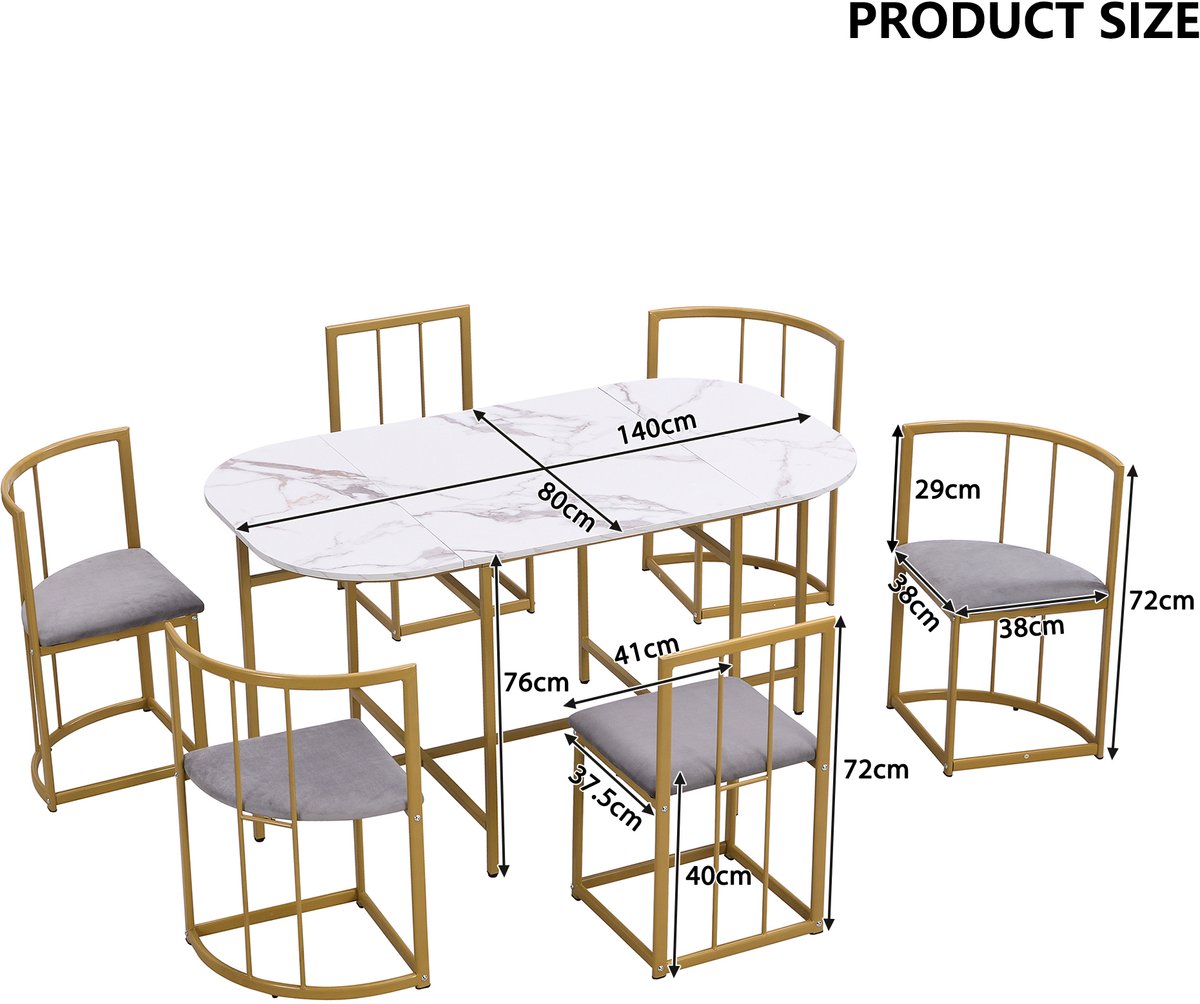 Eettafelset - complete set met 1 eettafel en 6 stoelen - tafel 140 x 80 x 76 cm - mdf - goud - voor keuken of eetkamer - voor dagelijks gebruik