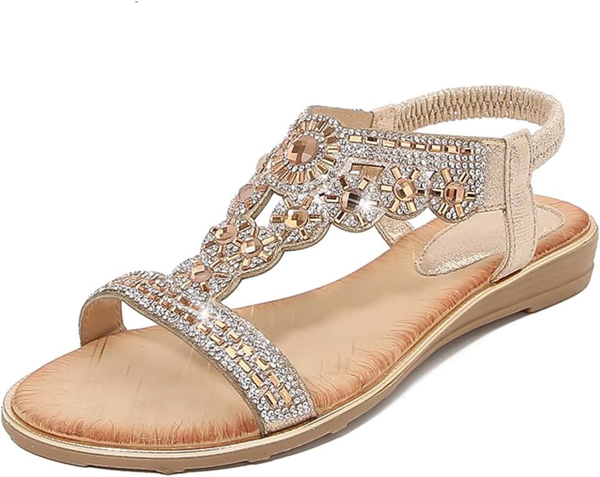 Sandalen Lage Wig Hak Bohemien Diamant Strass Sandalen Slingback Platte Open Teen Schoenen Voor Zomervakantie Strand