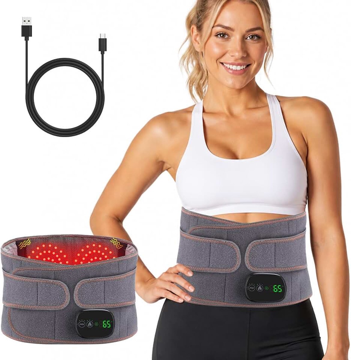 Warmtegordel voor de rug, draadloos, verwarmingsgordel met 3 warmte- en 3 trillingsniveaus, 5000 mAh accu, touchscreen, rugwarmer, massagegordel, verwarmingskussen ter verlichting van rug- en