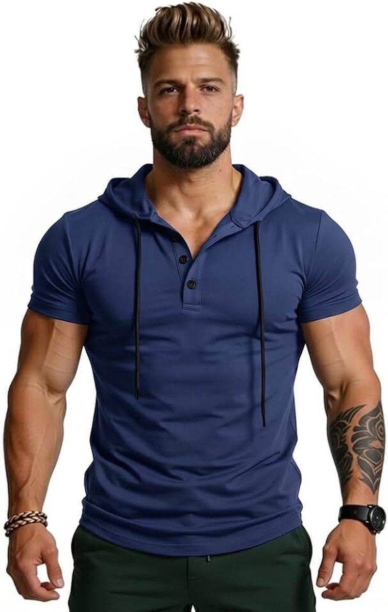 Sweatshirt met capuchon voor heren, korte mouwen, voor training, gym, hoodie, sportsweatshirt, met verstelbaar trekkoord, voor training, sportschool, fitness