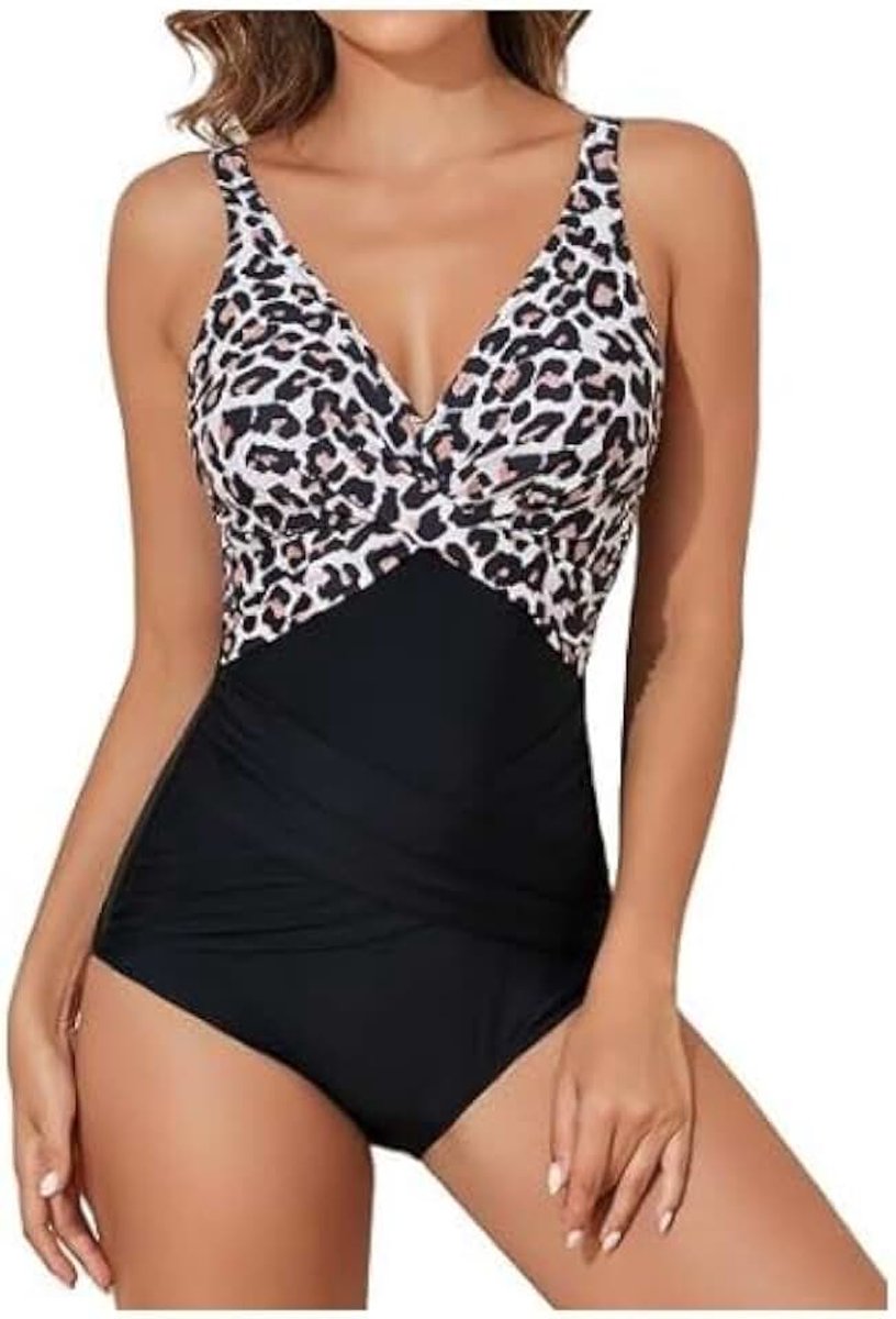 Badpak voor dames, buikweg, sexy V-hals, eendelige badmode, zwart, luipaardpatroon, plooien, push-up, monokini, voor strand en zwembad