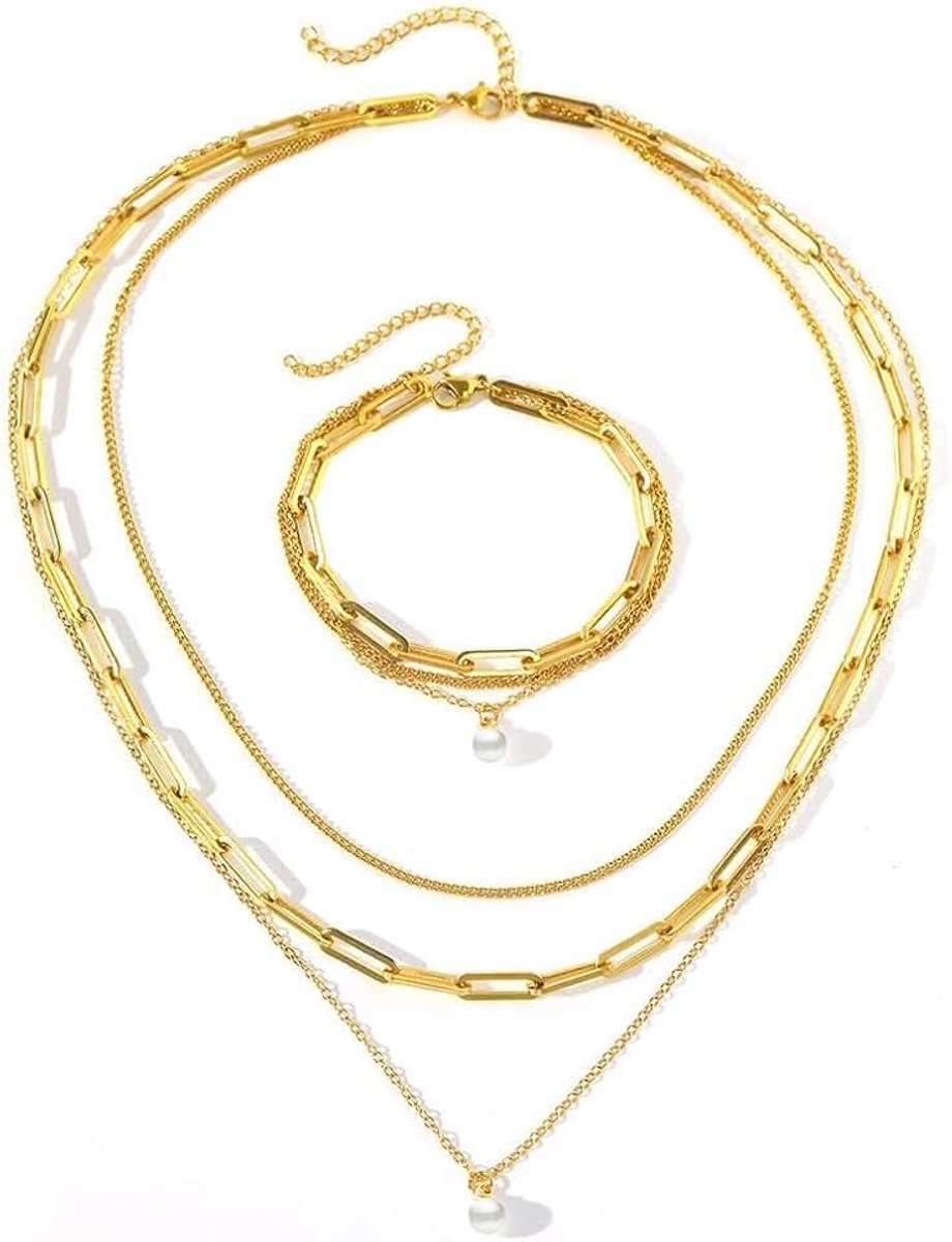 Parelketting armband sieradenset roestvrij staal schakelketting gelaagde halsketting parelhanger sieraden