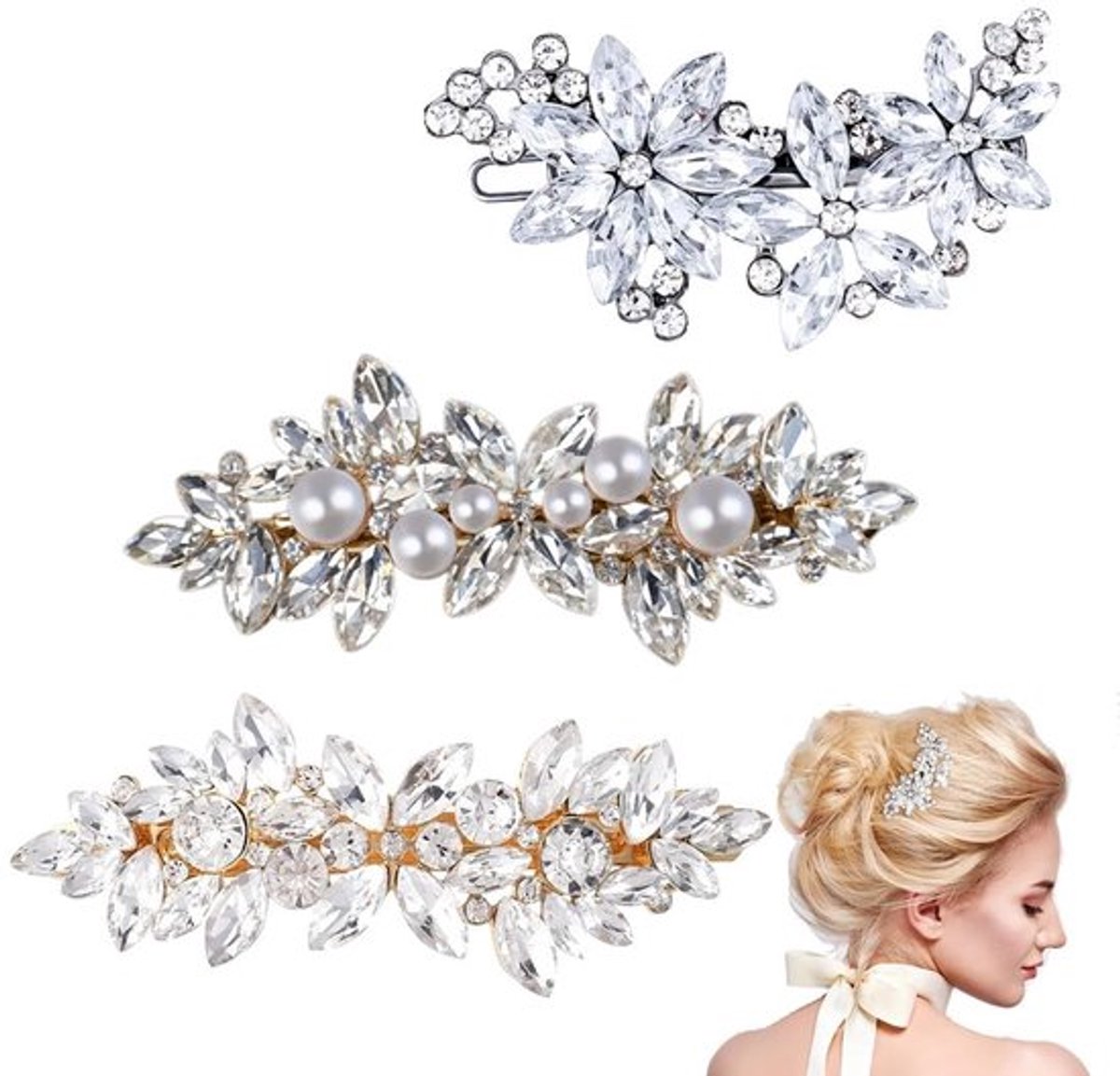Haarspeldjes 3 Stuks - Bruiloftshaarclips - Strass - Kristalparels - Haaraccessoires Bruid - Veilig Materiaal