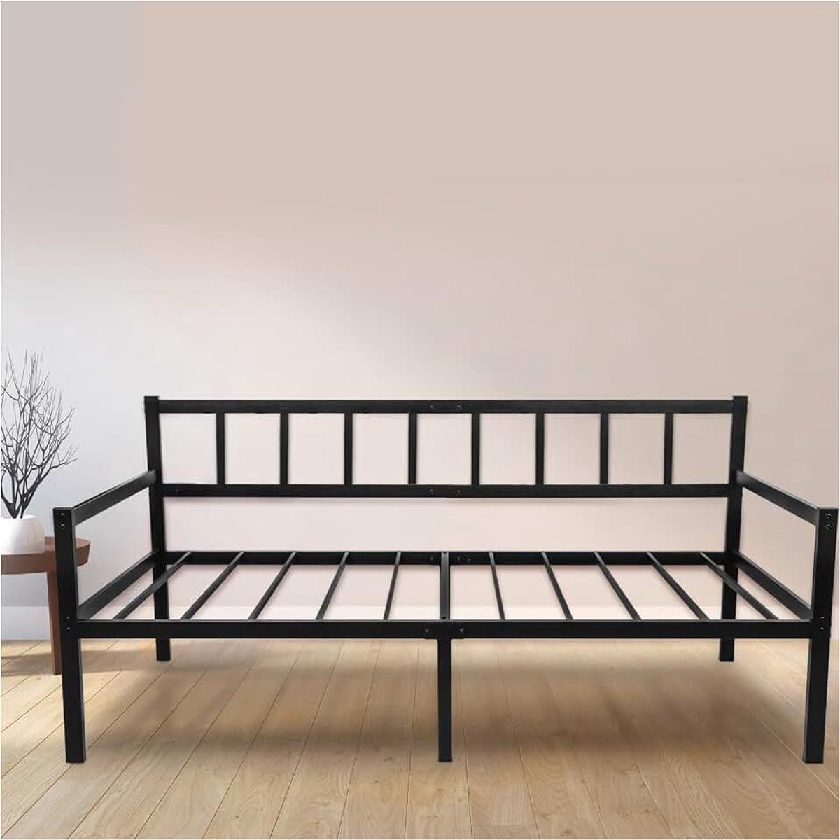 2 in 1 slaapbank - slaapbank 92x212x36 cm - bedframe voor matras 90x200 cm - eenpersoonsbedframe met boxspring - eenpersoonsslaapbank - bank met zwart metalen frame