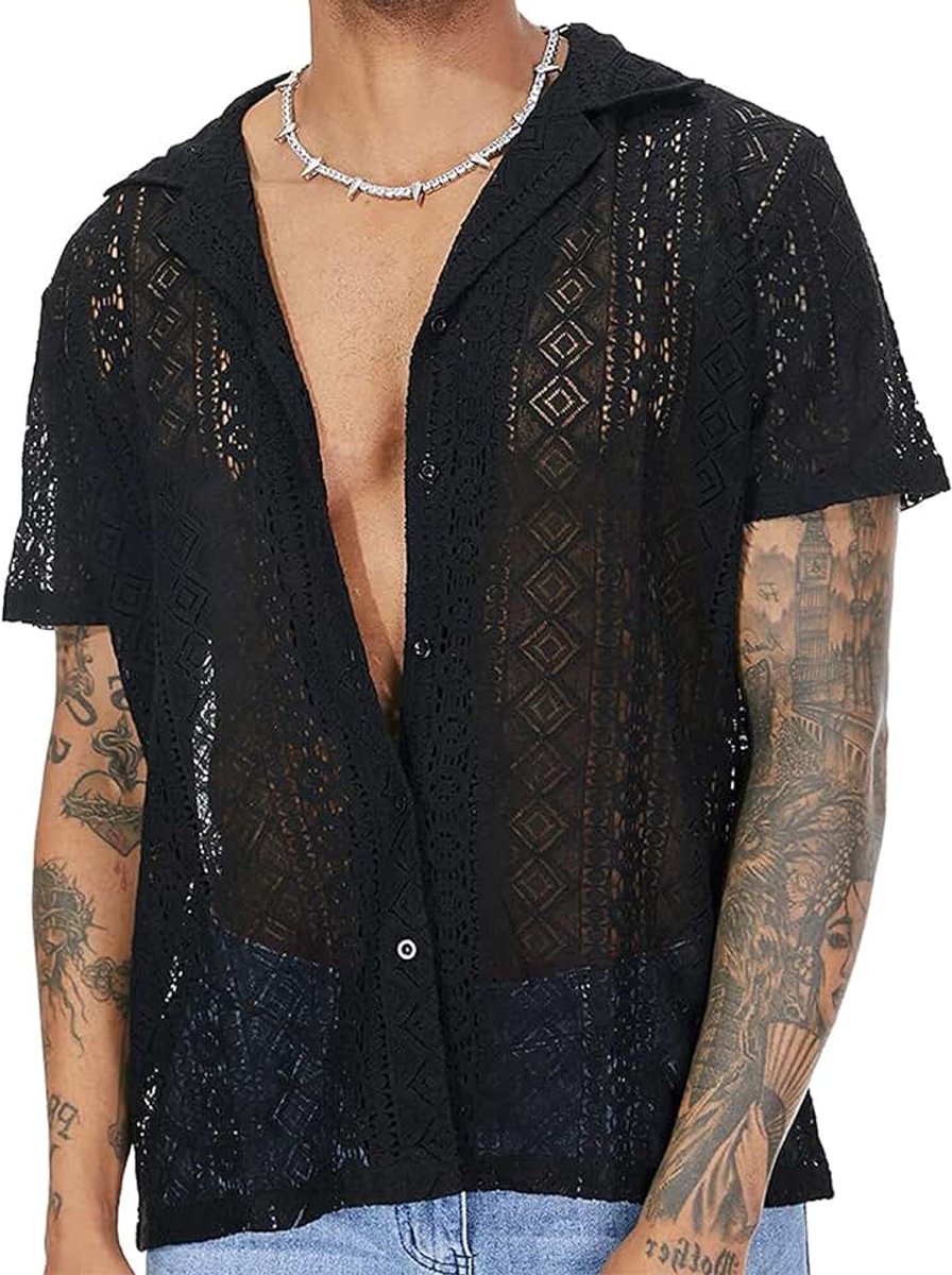 Kanten heren tanktop heren shirts spieren netshirt korte mouw nachtclub party rave tops
