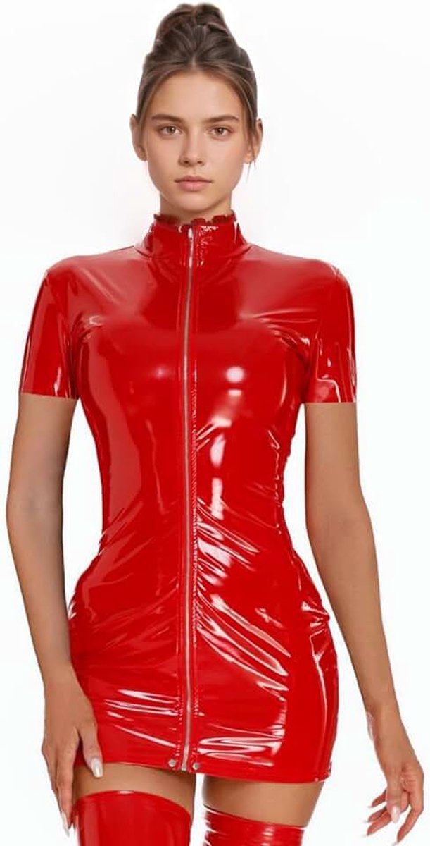 Leren mini-jurk voor dames, met ritssluiting aan de voorkant, babydoll, latex, wetlook, nachthemd, hot clubwear, elasticiteit, mouwloos, mini-jurk, metallic, slim catsuit, cocktail