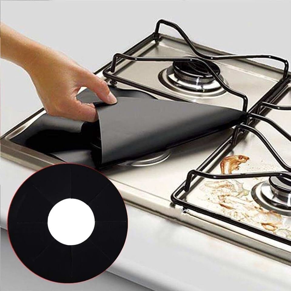 E-voering voor Gasfornuis, Kachel voor Gasfornuis Zilver, Gasfornuis Branderafdekkingen, Fornuiskap 6 Stuks Set Herbruikbare Glasvezel Gasfornuisbeschermer Beschermend Mat Pad (Zwart)