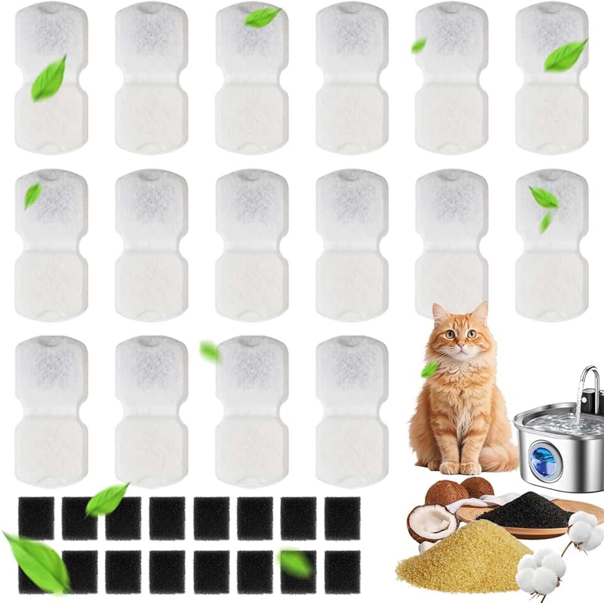 Kattenfontein, kattenfontein, roestvrijstalen filter, 16 koolstoffilters + 16 schuimfilters en ontharden water, kattendrinkfontein, filter 4-6 maanden vervangingsbehoeften