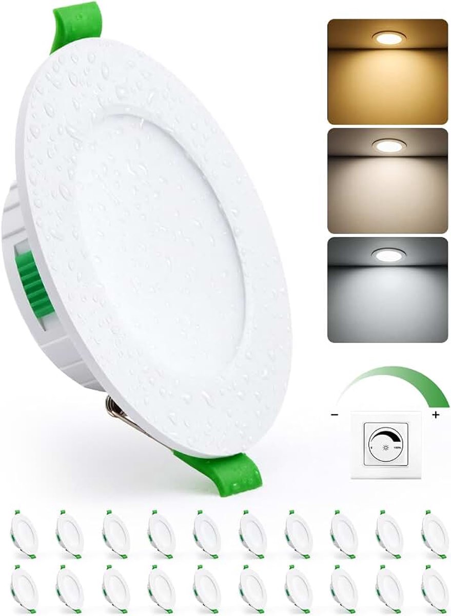 Led-downlight, dimbaar, 5 W voor binnen, inbouwspots warm wit 2700 K, natuurlijk 4000 K en koud 6000 K, runderogen IP44 badkamer, opening 68-80 mm, extra plat 25 mm, 20 stuks