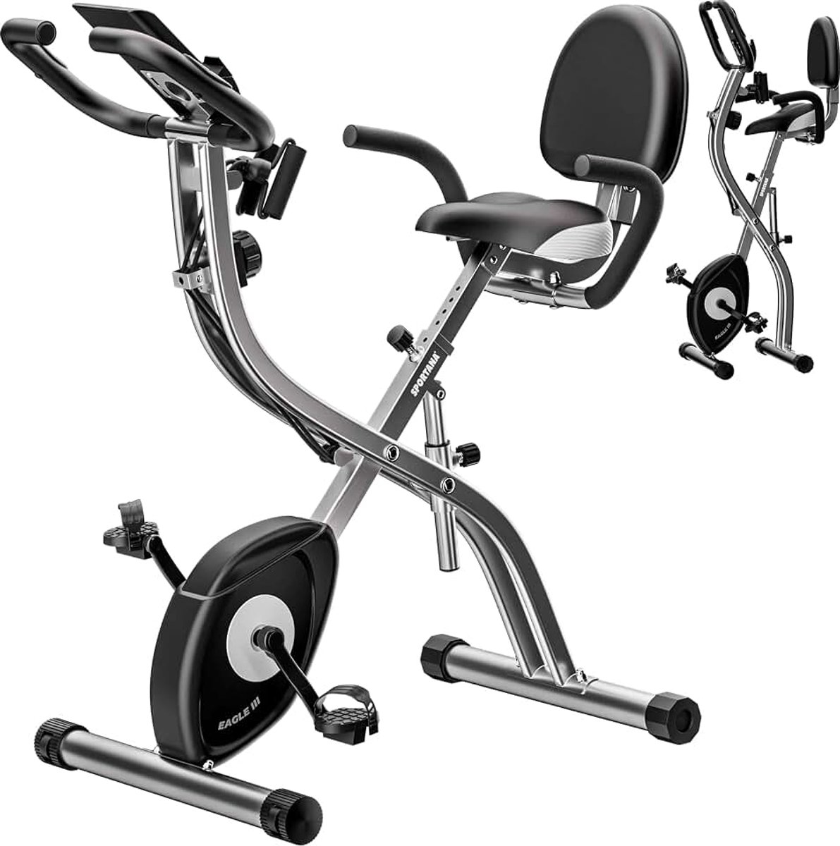 Hometrainer Eagle 3 Inklapbaar 10 Niveaus Polssensors 2 Fitnessbanden Rugleuning Fitness bike Spinningfiets | 3-in-1 Opvouwbare Indoor Stationaire Fiets met 10 Verstelbare Niveaus & LCD Display, Eagle 3 Home Gym Workout Fitness Bike