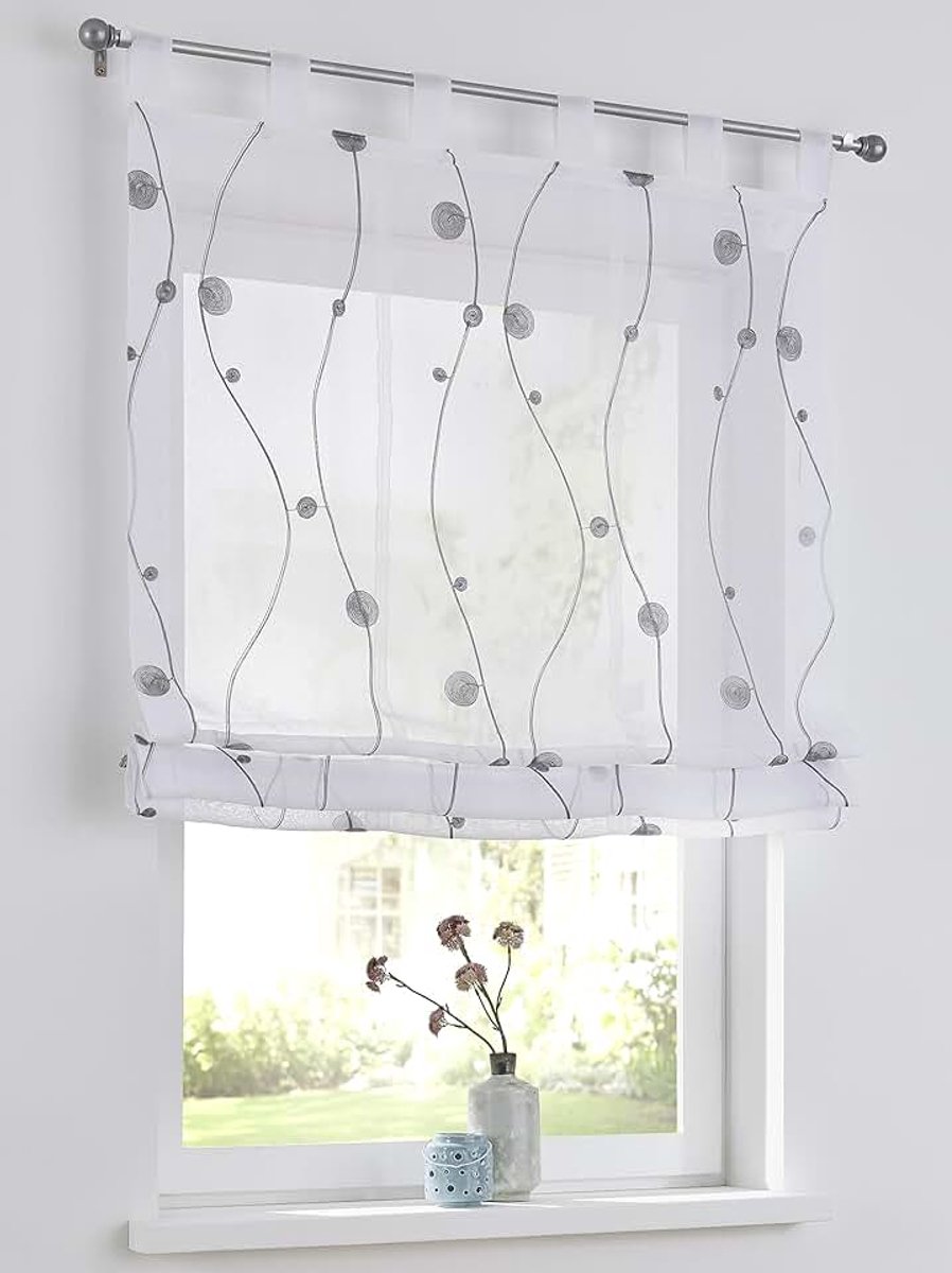 Vouwgordijn met lussen, wit, halftransparant met borduurwerk, polyester, onderhoudsvriendelijk, 60 x 140 cm (b x h)
