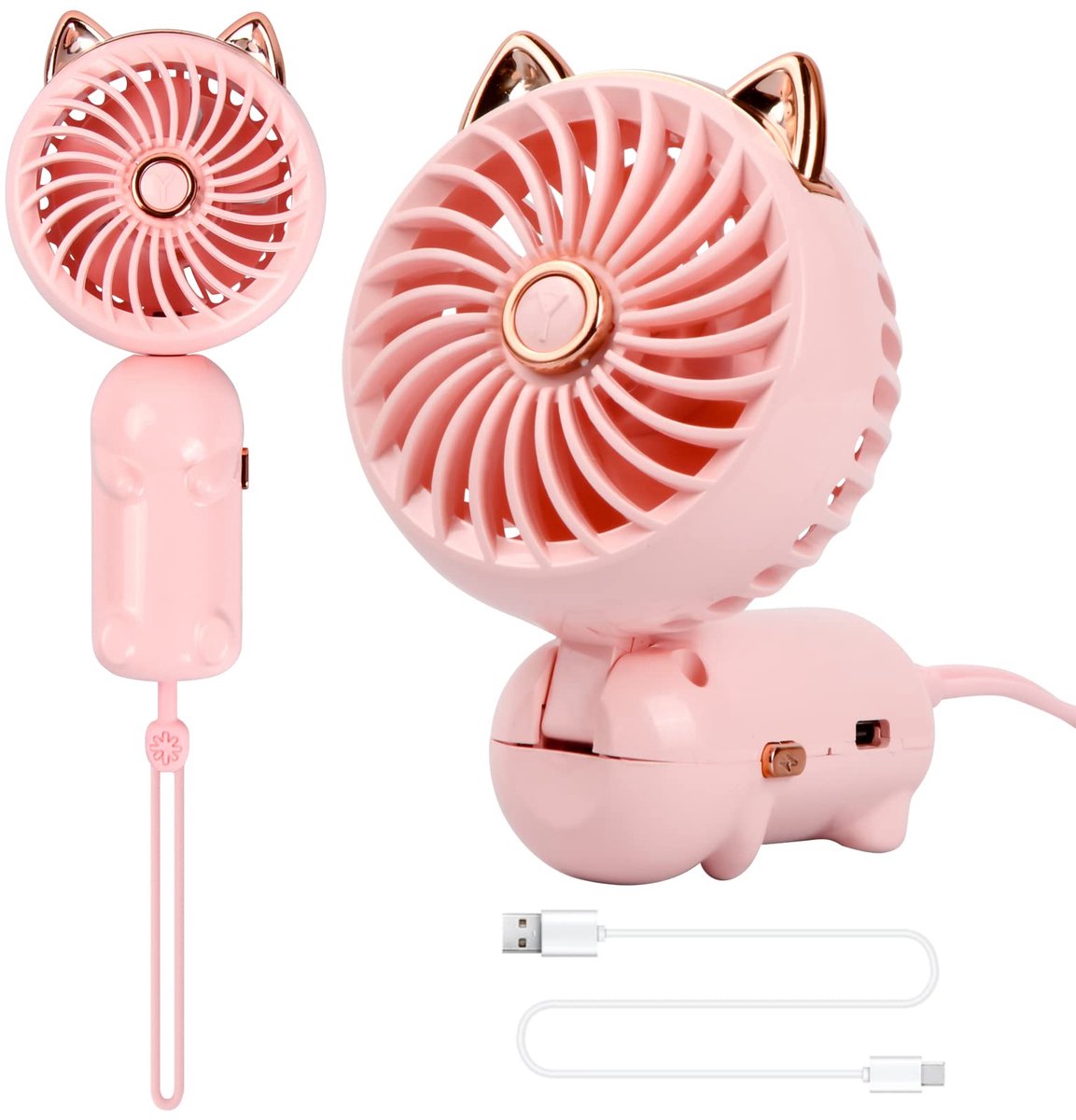 Handventilator - mini-USB-ventilator - draagbare ventilator met oplaadbare batterij en 3 snelheden - opvouwbare bureauventilator voor meisjes - vrouwen - kinderen - voor buiten - reizen - kantoor - thuis en kamperen - roze