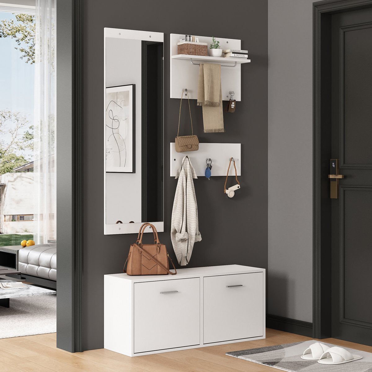 COVREO Garderobeset 90x30x41,5 cm wit, spaanplaat met spiegel 6 haken