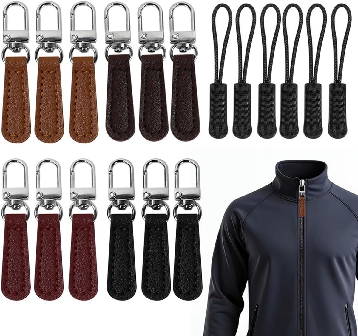 Ritstrekkers, zwarte koordjes, vervangende trekkers voor afneembare ritsen, ritssluiting, voor bagage, tassen, portemonnees, kleding.