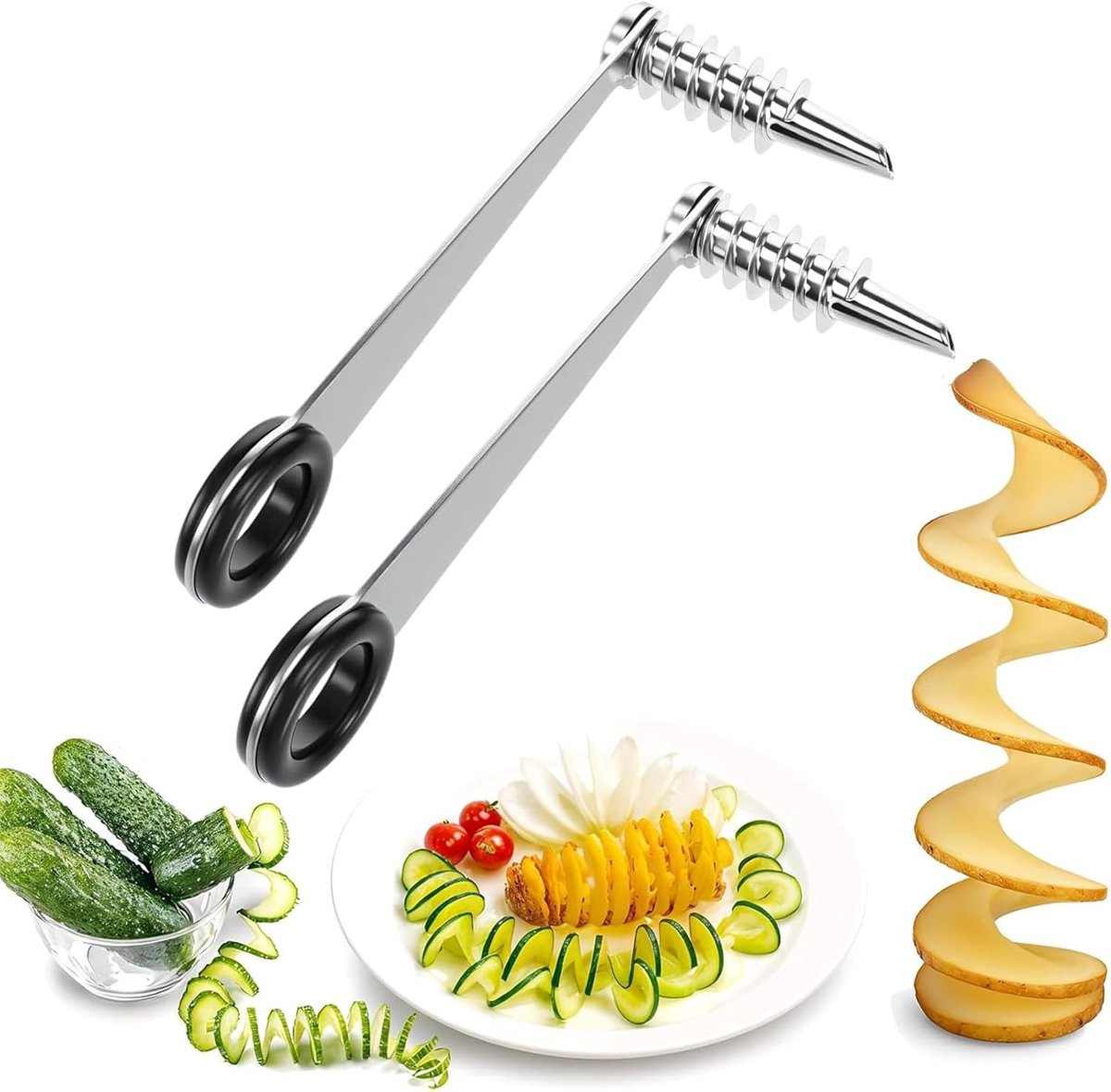 2 STKS Aardappelsnijder Spiraal, Roestvrij Groente Spiralizer, Handheld Aardappelsnijder Spiraal, voor Fruit Komkommers Wortelen Keuken Accessoires