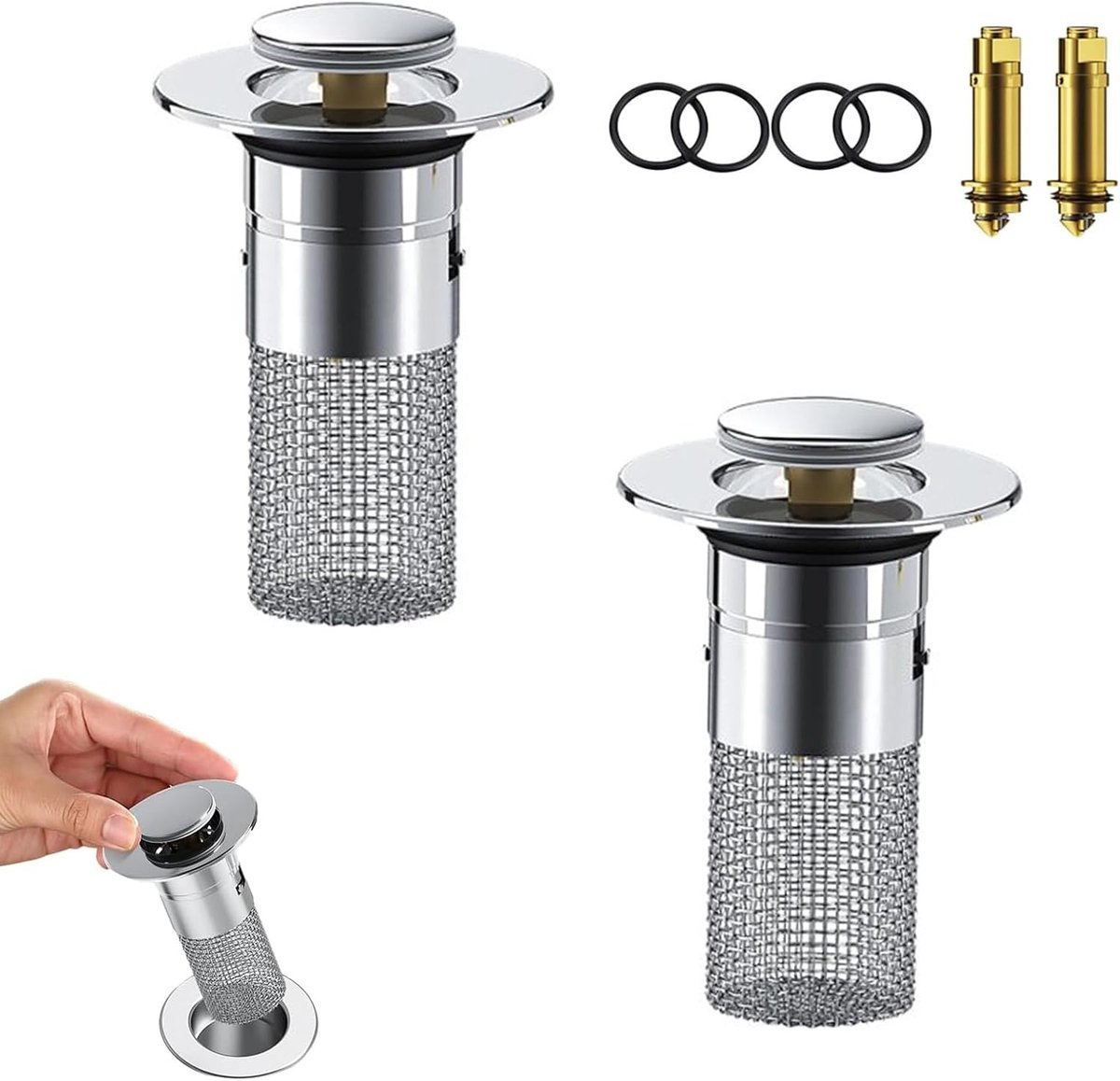 2 stuks afvoerstoppen voor wastafels, pop-up wastafelstoppen voor 34-40 mm, zeefplug met haarzeef, wastafelstopper voor afvoerstop op het werkblad