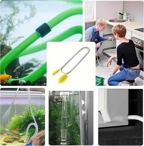 Pijpreinigingsborstelset met dubbele kop (2 m) + 2 x slangborstels (20 cm), flexibele afvoerborstel voor buizen, afvoeren, aquarium en huishouden (geel) — afbeelding 5