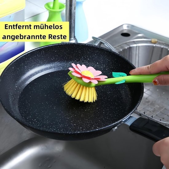 Afwasborstelset in bloemenvorm, met handvat en standaard, zacht voor pannen met antiaanbaklaag, potten en wastafels (groen-blauw-combi) — afbeelding 5