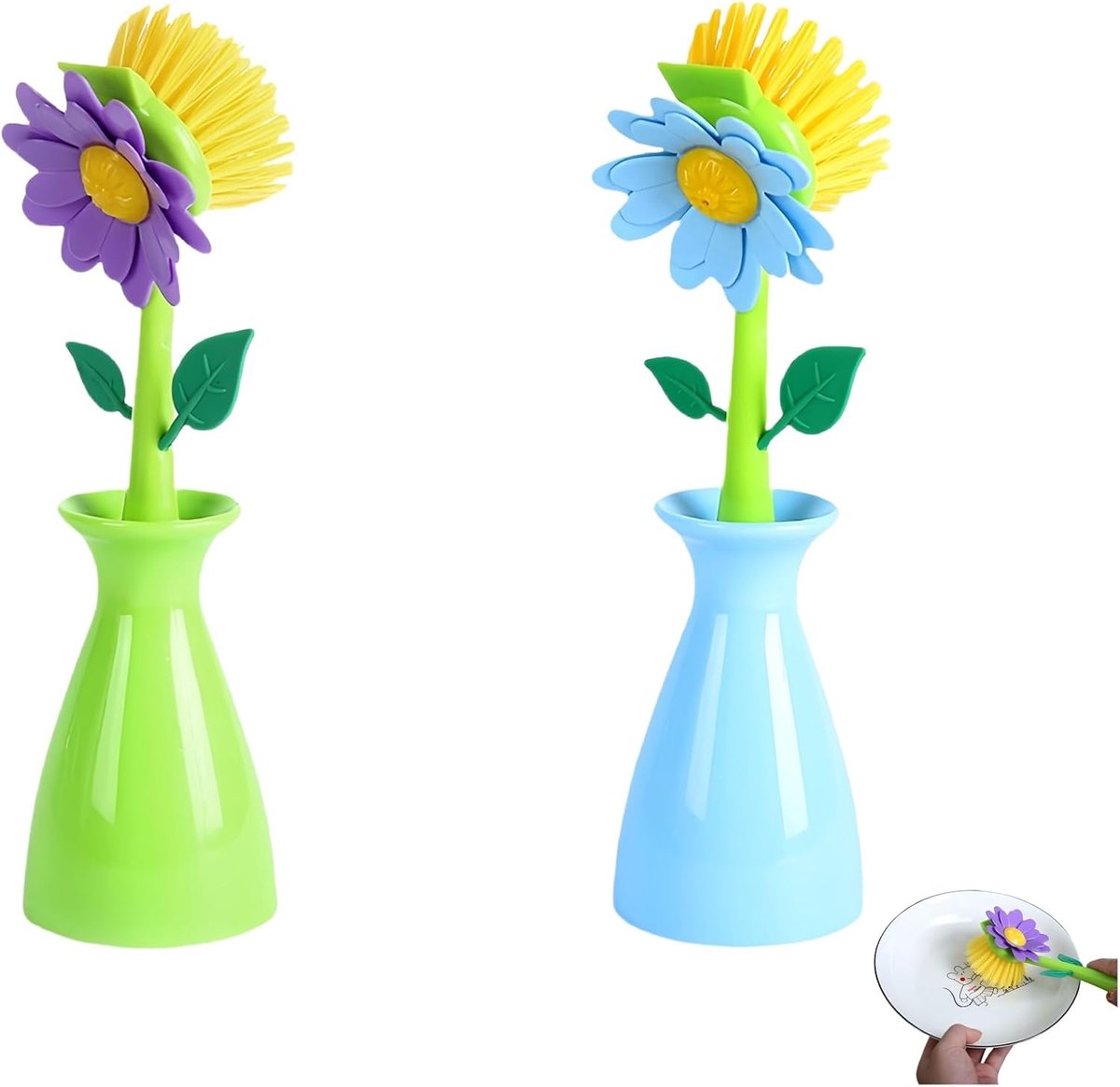 Afwasborstelset in bloemenvorm, met handvat en standaard, zacht voor pannen met antiaanbaklaag, potten en wastafels (groen-blauw-combi)