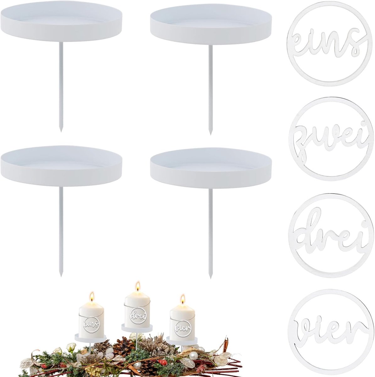 Set van 4 witte kandelaars voor adventskrans - ø8cm metalen wit met houten cijfers adventskrans 1-4, kandelaar voor stompkaarsen kaarsen kerstdecoratie staafkandelaar tafeldecoratie
