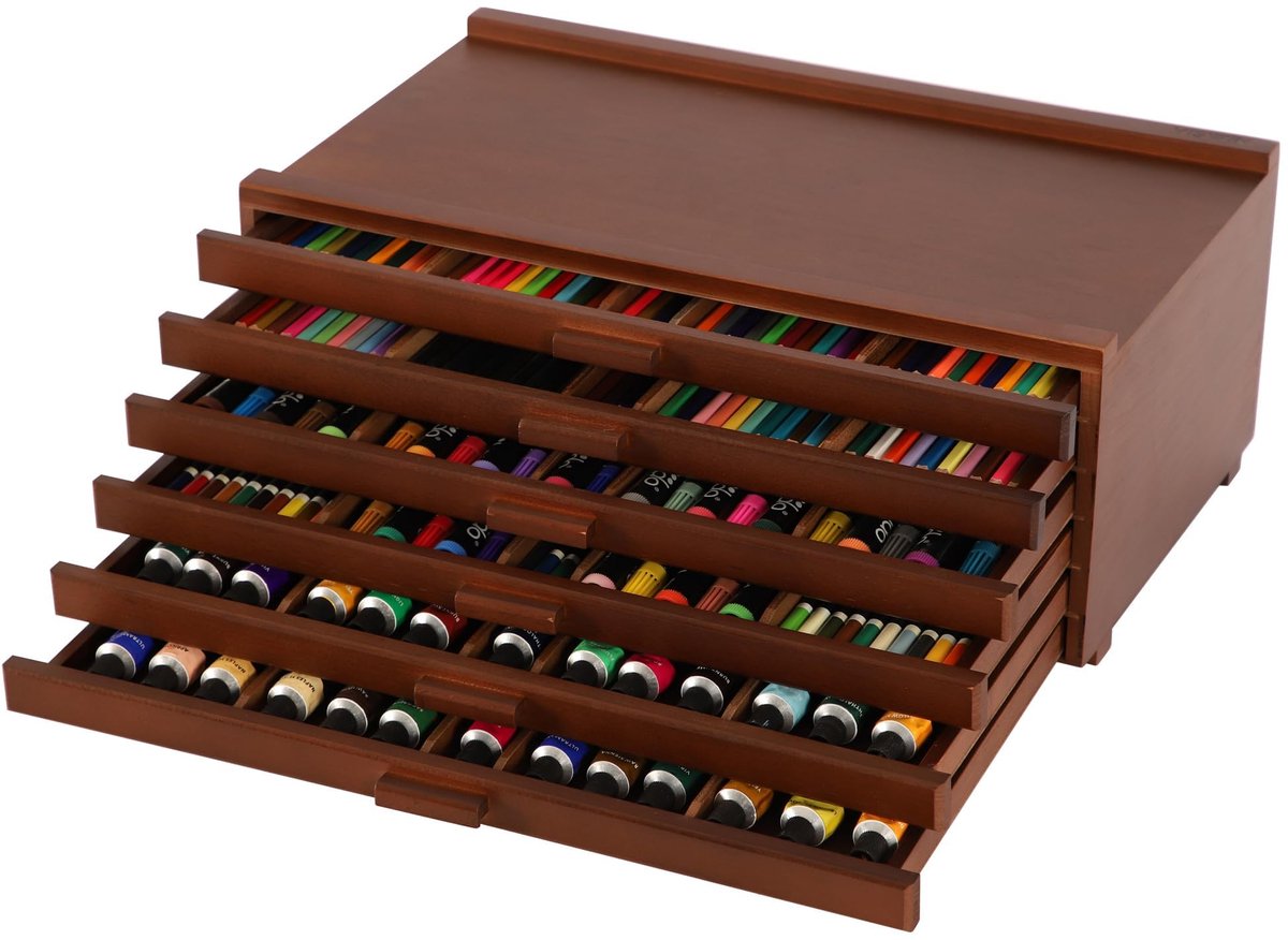 SnelShoppen - Opgewaardeerde 6-lade houten kunstenaar opbergdoos met verwijderbare verdelers, premium beukenhout organizer box voor verf, markers, pot