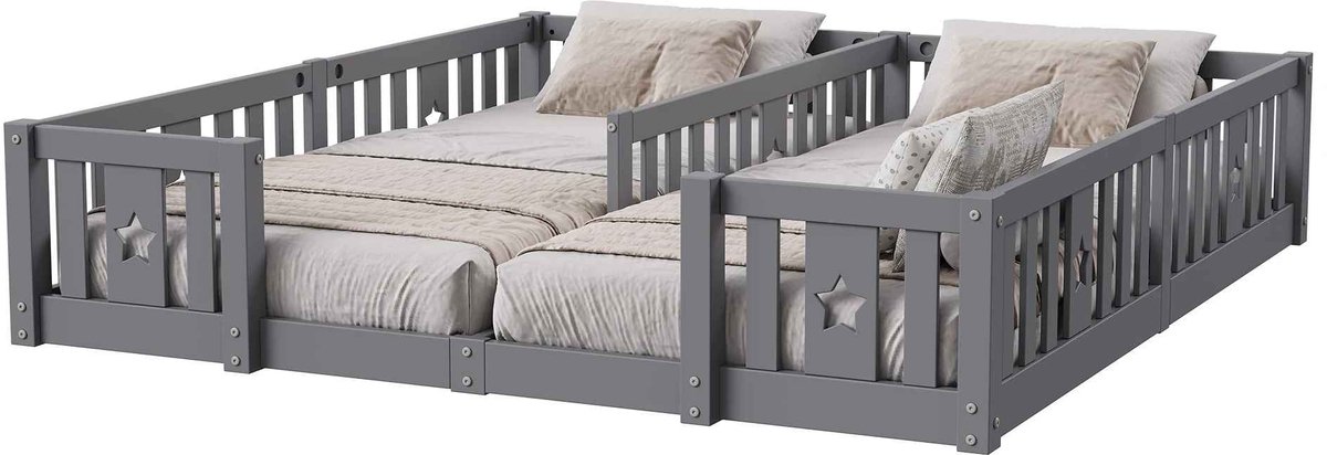 CORE Kinderbed - Vloerbed van Grenenhout met Hekje en Lattenbodem - Montessori Bed voor 2 Kinderen - Veilig Peuterbed met Uitvalbeveiliging - Stevig Houten Kinderbed voor Kinderkamer en Slaapkamer - Max draagvermogen van 100kg - 180x200cm - Grijs
