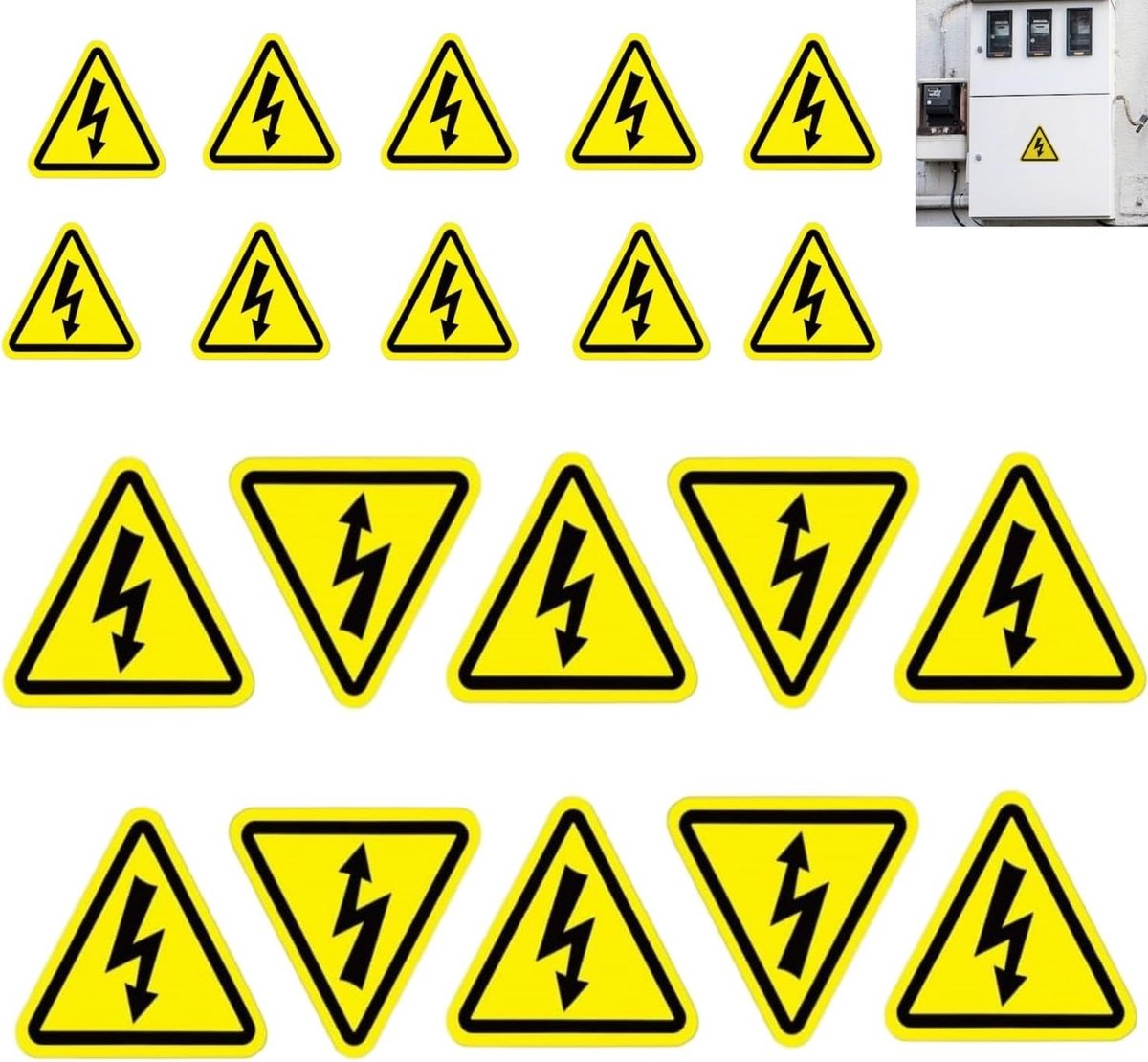 20 stuks stickers voor elektrische waarschuwingsborden, elektrische spanning, waarschuwingsstickers, driehoekig, folie, hoogspanning, stroom, gevaar, waarschuwing (5 cm + 10 cm)