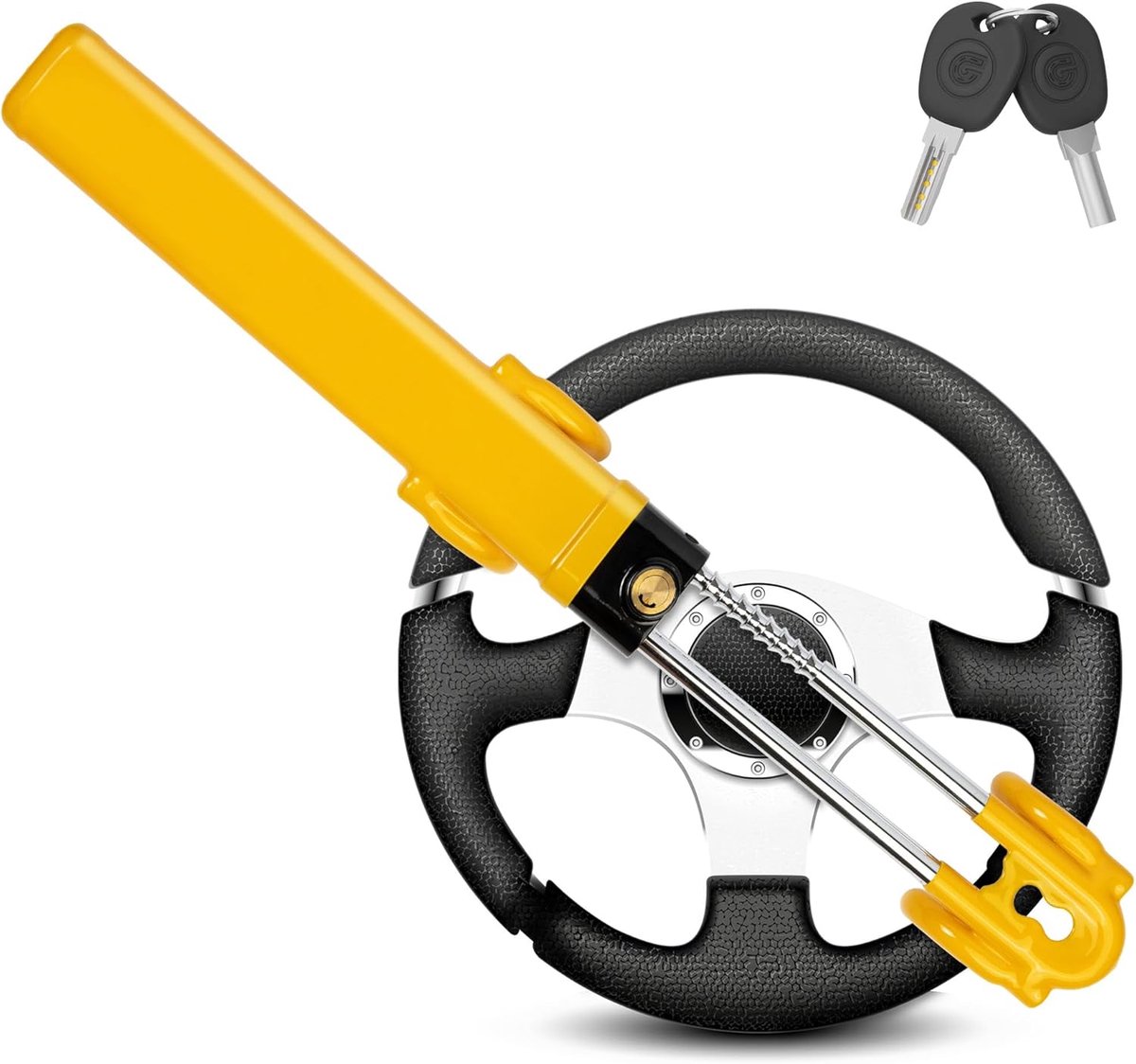 Stuurklem voor auto (geel) | Twin Bar hoge zichtbaarheid afschrikking stuurslot voor auto, bestelwagen, caravan, met 2 sleutels, stuurslot