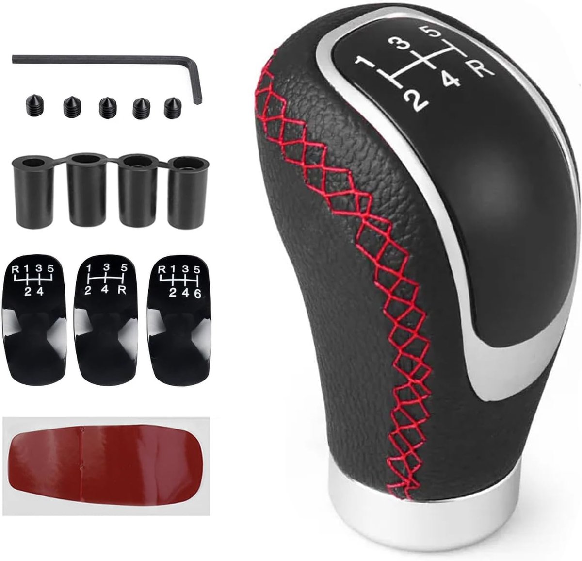 Knoppen voor versnellingspoken, universeel 5 versnellingen 6 versnellingen Knop voor versnellingspook, handgeschakelde versnellingspooks met 4 adapters voor handgeschakelde auto's - rood