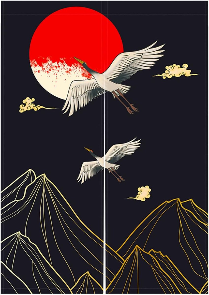 Noren Deuropening Gordijn Japanse Stijl Kranen Goud Bergrood, Volle Maan Gedrukt Katoenen Linnen Raambehandeling Deurtapijt voor Woondecoratie 85 x 120 cm