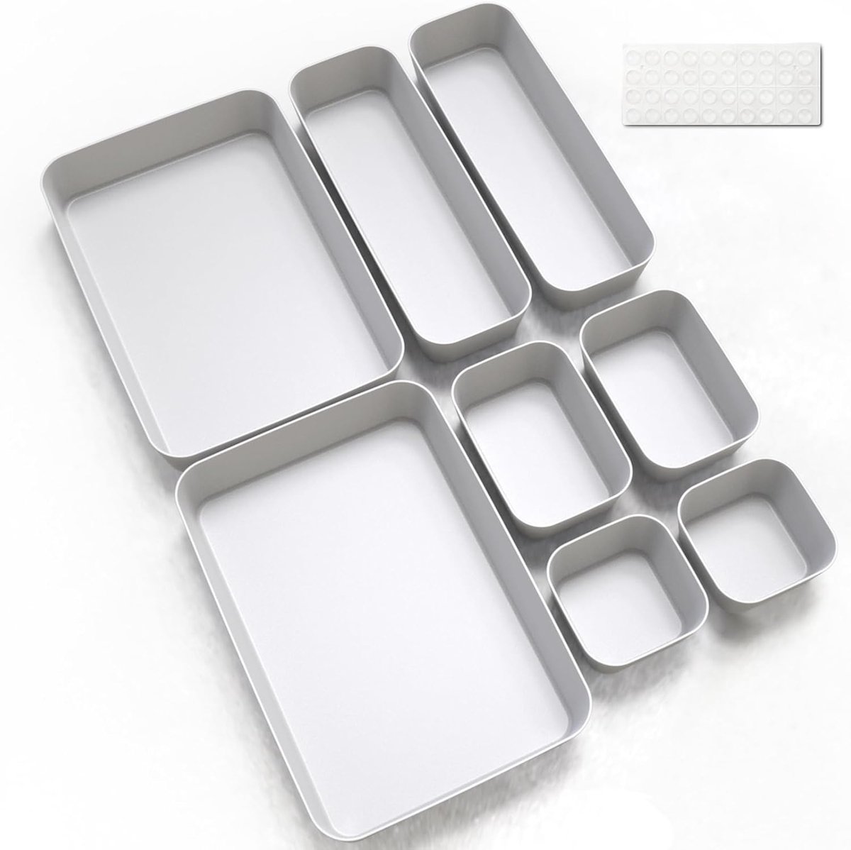 Lade-organizer doos, 8 stuks, organizer, lades opbergsysteem, keuken, badkamer, cosmetica, specerijen, opslag, organisatie, lade, kunststof, kantoor, bureau, scheider met siliconenmatten (lichtgrijs)