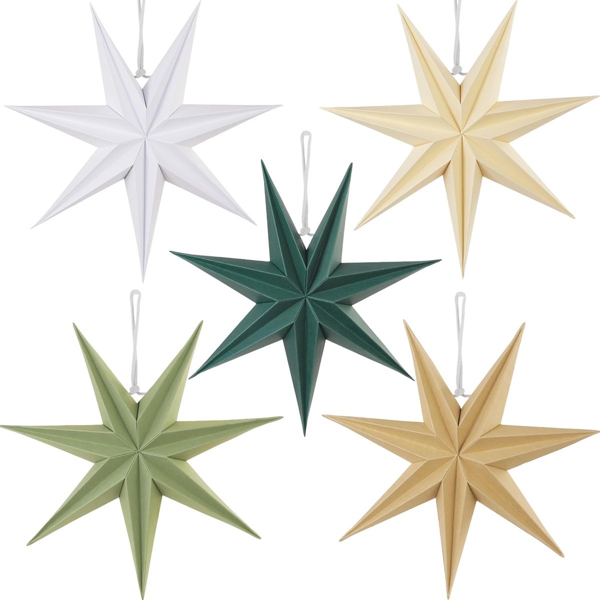JOY Set van 5 papieren sterren, 30 cm, saliegroen, vouwster, kerstdecoratie, donkergroen, 9 punten, wit, saliegroen, vouwsterren, feestdecoratie voor Kerstmis, bruiloft, verjaardag,