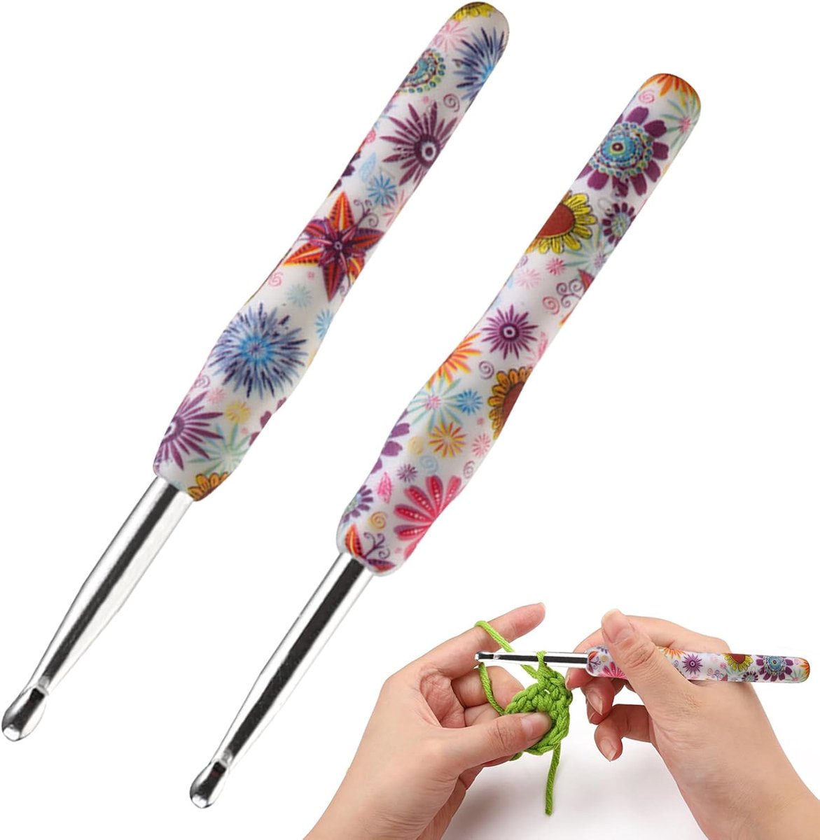Haaknaalden, 7,0 mm, 8 mm, haaknaalden met zachte handgrepen, lichte en comfortabele haaknaald, bloemenpatroon, haaknaalden voor beginners en haakliefhebbers