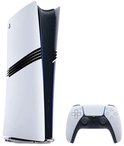 PlayStation 5 console in wit met zwarte strepen, naast een witte controller.