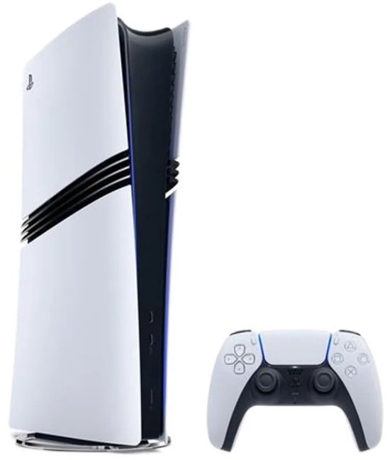 PlayStation 5 console in wit met zwarte strepen, naast een witte controller.