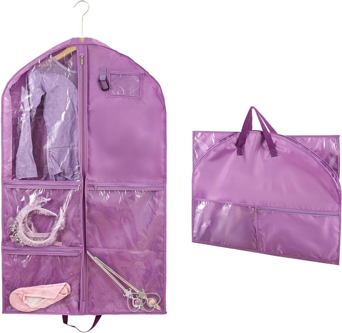 Kledinghoes om op te hangen, kledinghoes met meerdere zakken voor kinderen en volwassenen, beschermhoes voor waterdichte kleding, met ritssluiting voor dansers