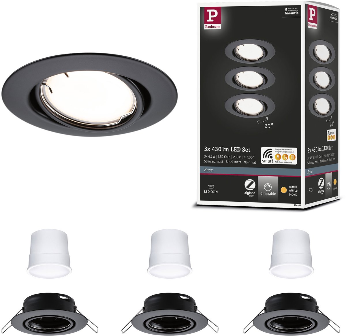LED-inbouwlamp Smart Home Zigbee 3.0 Base Coin Basisset zwenkbaar rond 90 mm 20° Coin 3x4,9W 3x430lm 230V dimbaar 3000K Zwart mat