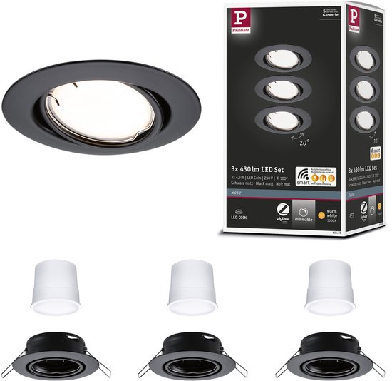 Set van drie zwarte, inbouwspots en verpakking. Inclusief drie losse lampen.