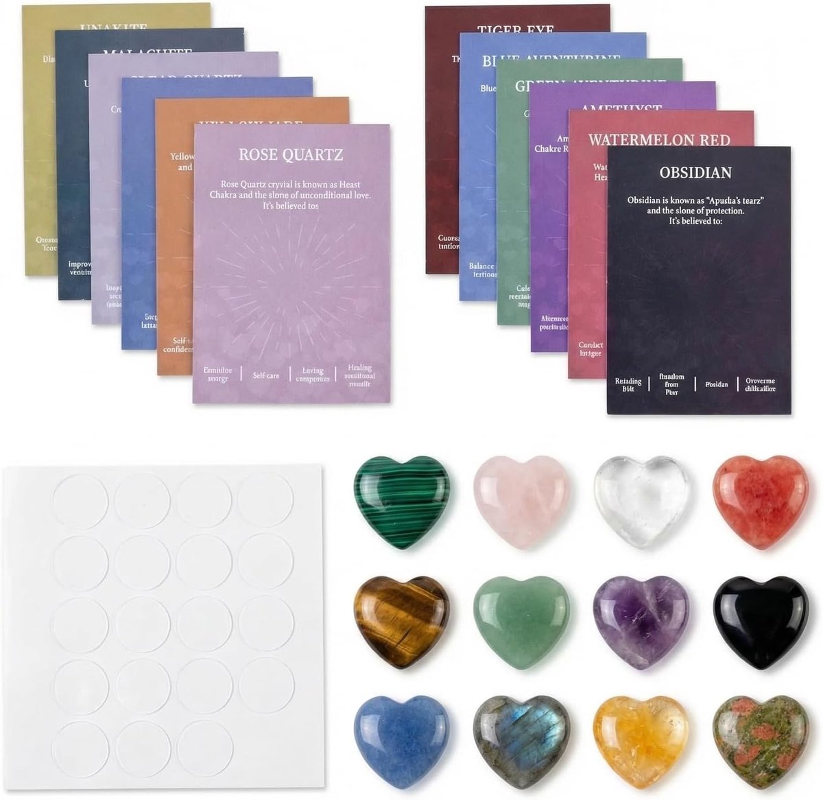 12 stuks hartvormige edelstenen met 12 kaarten, kleurrijke helende stenen, gelukssteen, natuurkristallen, hart, Valentijnsdag, decoratie, nieuwjaarscadeau, klein bedankje, cadeau voor vrouwen