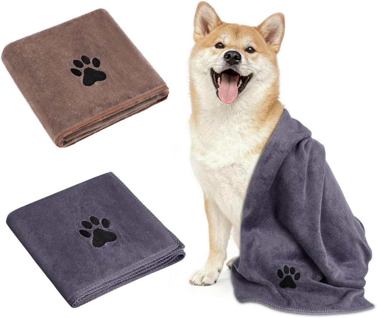 2 stuks hondenhanddoek, 100 x 50 cm, extra absorberend, sneldrogend, microvezel handdoeken, cadeau geschikt voor honden, katten of andere huisdieren, grijs + camel