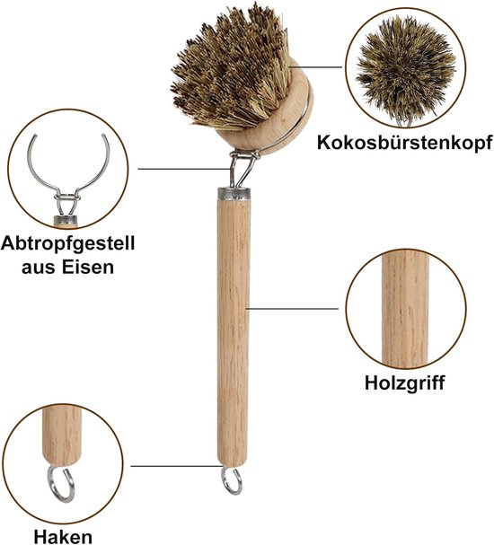 afwasborstel hout met 1 reserveborstelkop en afdruiprek, keukenborstel met lange steel, natuurlijke vezelharen, reinigingsborstel voor het reinigen van potten, pannen, servies, kookplaten, spoelbakken — afbeelding 4
