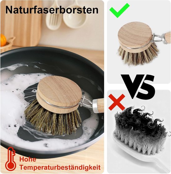 afwasborstel hout met 1 reserveborstelkop en afdruiprek, keukenborstel met lange steel, natuurlijke vezelharen, reinigingsborstel voor het reinigen van potten, pannen, servies, kookplaten, spoelbakken — afbeelding 3