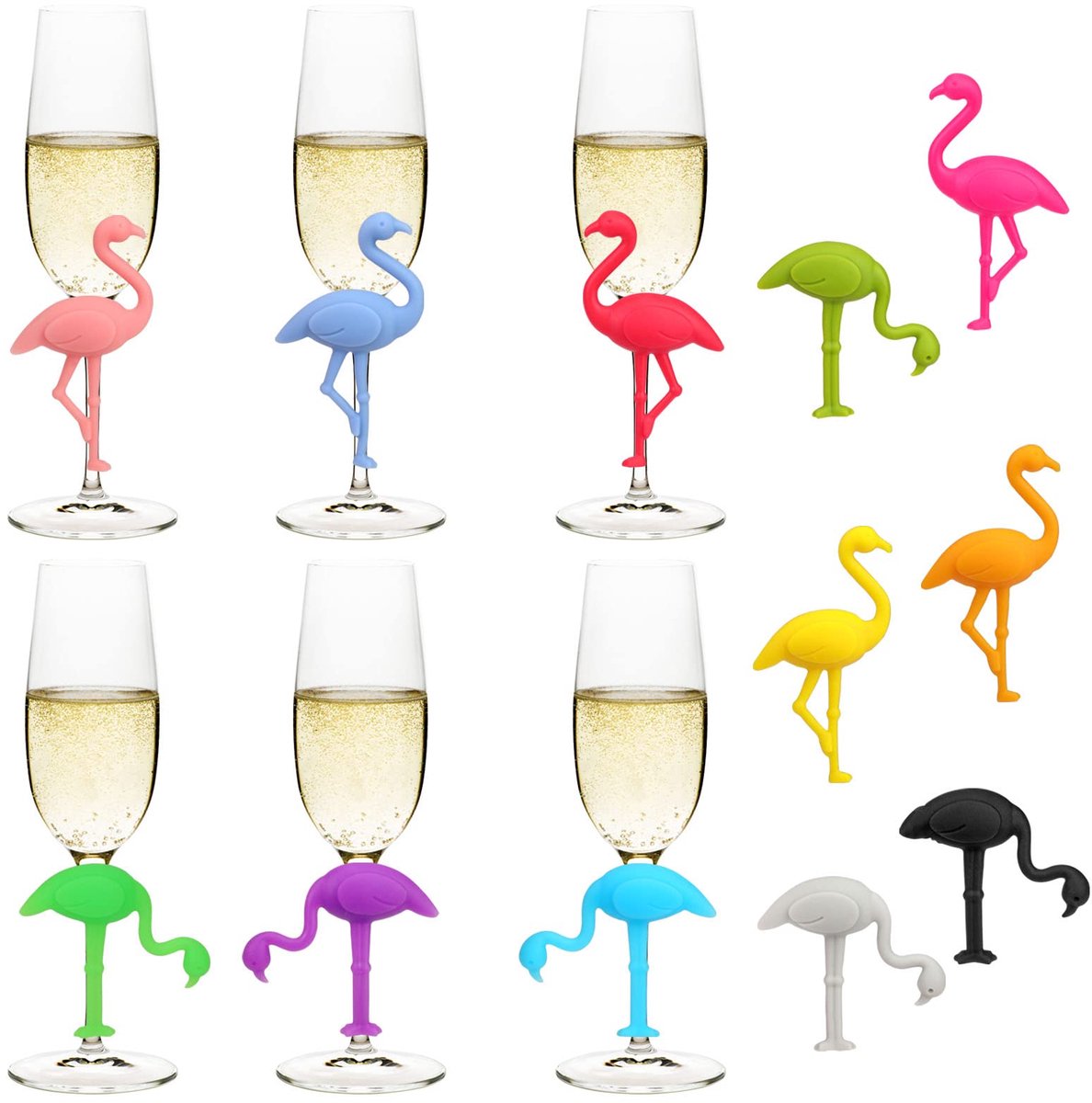 Siliconen Barbenodigdheden Glasmarkers - 12 kleuren Flamingo drankmarkeringen voor cocktails en wijn